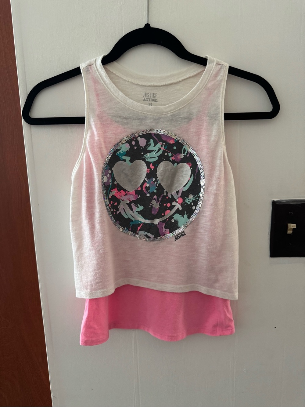 JUSTICE | Girls White & Pink Layered Smile Active Tank Top